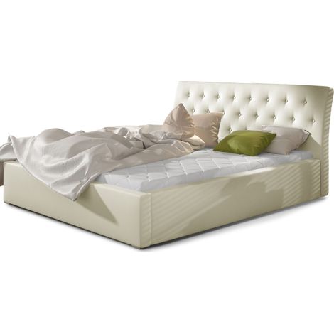 Lit simili cuir capitonné Venizia-Crème-180x200-Version sommier et coffre (1/5)