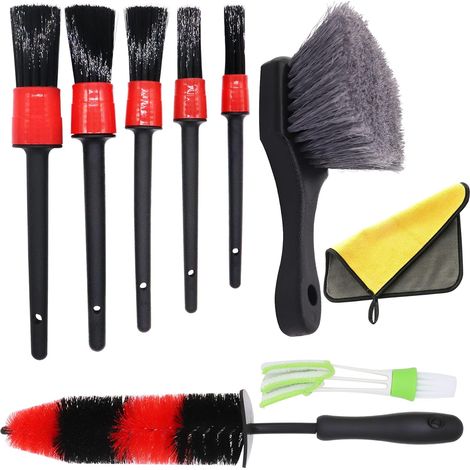 9Pcs Lot de Brosse Nettoyage Voiture avec Pinceau à Détail de Voiture, Brosse à Jante Aluminium et Pinceau à Pneu pour Lavage Roue, Moteur, Tableau de Bord, Bouches D'aération et Intérieur (1/3)