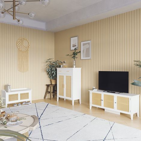 Banc à Chaussures Meuble de Rangement, Porte Coulissante + Façades Rotin Tissé, 80x35x45cm, Blanc