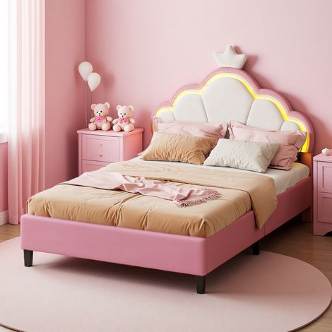 Lit pour Enfant 90x200cm,lit Simple rembourré 90x200 avec Éclairage LED,Lit Fille Couronne avec Sommier à Lattes et Tête de lit réglable,Velours