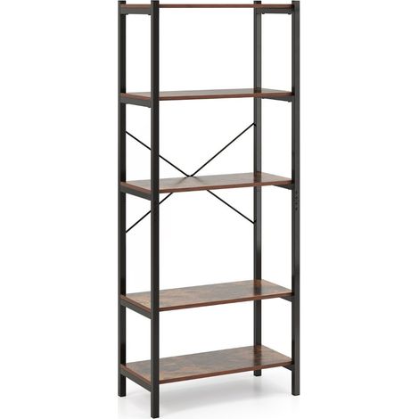 Bibliothèque marron rustique 5 niveaux en métal et bois avec renfort en X et double sécurité anti-basculement pour salon et bureau (1/5)