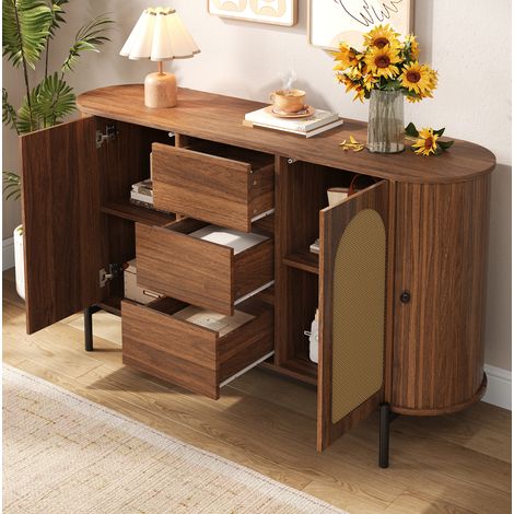 Aparador 140x38x77.5 cm nogal en MDF con ratán, puertas correderas, 3 cajones y estantes ajustables (1/5)