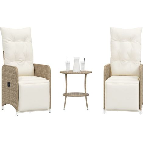 Gartensessel 2 Stk. Verstellbar mit Tisch Beige Poly Rattan