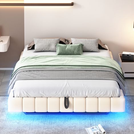 Letto imbottito 160x200 cm beige effetto sospeso, struttura in metallo, LED, contenitore sollevabile, senza testiera (1/5)