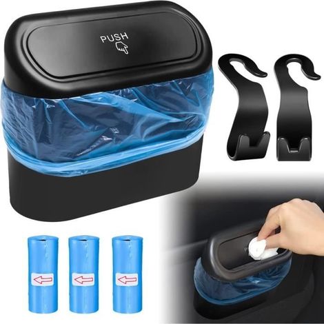 Auto-Mülleimer, tragbare Auto-Aufbewahrungsbox mit Müllsäcken und 2 Auto-Kopfstützenhaken (Schwarz) (1/4)