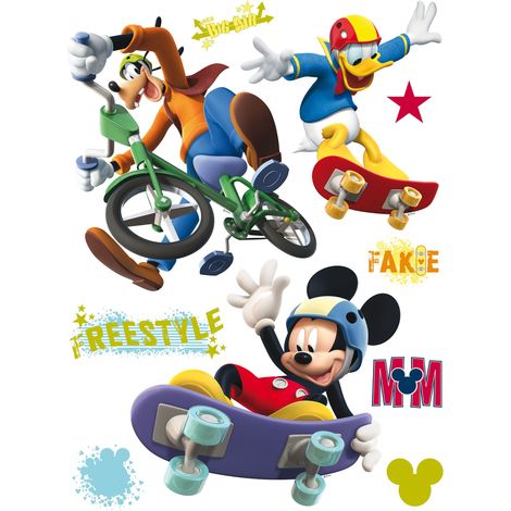 sticker mural Mickey Mouse, Donald Duck & Dingo bleu, violet et rouge  - Disney