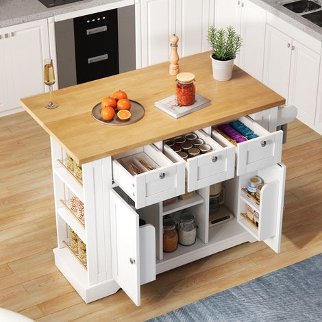 Eifson – Desserte de cuisine 132x70x87 cm – 3 tiroirs, 2 portes, 5 roulettes, étagères ouvertes, plateau rabattable en MDF – Style maison de campagne – Blanc (1/5)