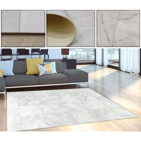 Tapis Vinyle Beige Ivoire, Motif marbre veiné, pour Cuisine, Salon, Bureau antidérapant avec détails Gris. (1/5)