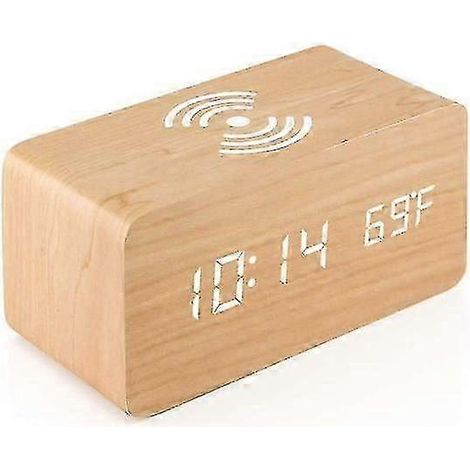 Réveil numérique en bois avec chargement sans fil, luminosité et volume d'alarme réglables (en bambou). (1/3)