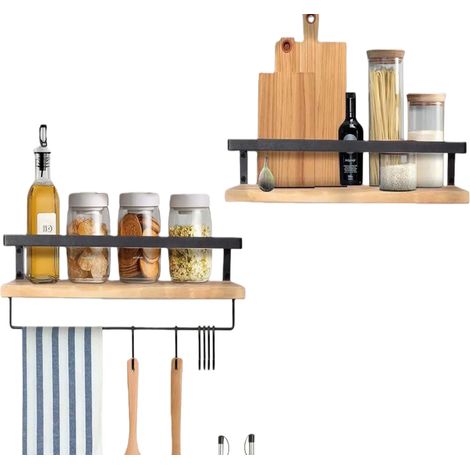 Mensola da parete, 1 set di 2 mensole da parete in legno, con portasciugamani e ganci, adatte per cucine, bagni e soggiorni (1/4)