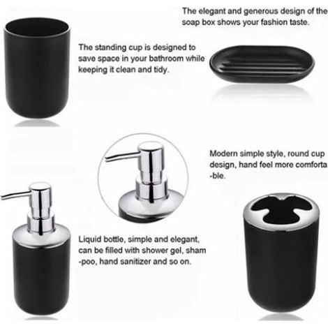 Juego de accesorios de baño negros con jabonera, soporte para jabón y dispensador de loción – ABS – Juego de 6 piezas para el hogar/hotel (1/5)