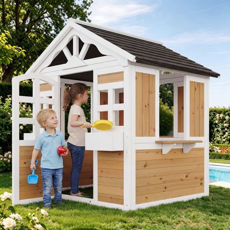 Maison de jeu pour enfants 113x100x132 cm – Cabane en bois massif avec portes et fenêtres, abri de jardin pour extérieur, résistant aux intempéries (1/5)