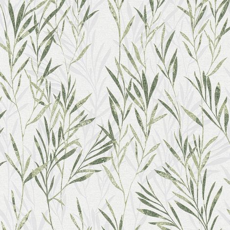 A.S. Creations – Papier peint tropical blanc feuilles vertes – Tapisserie florale moderne pour bureau – Papier peint végétal haute qualité – Collection Flavour