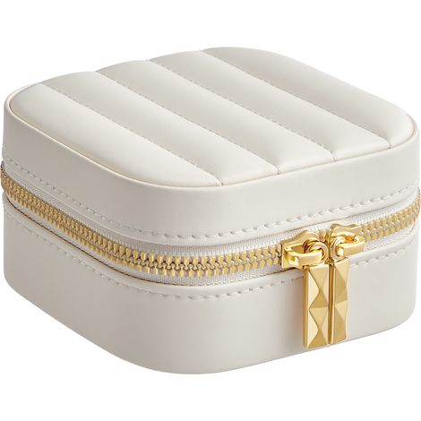 SONGMICS HOME ANAH Collection - Boîte à Bijoux de Voyage, Petit Coffre à Accessoire avec Miroir, 10,5 x 10,5 x 6 cm, Surface PU avec Coutures, Portable, Zip, Idée Cadeau, Blanc Nuage (1/5)