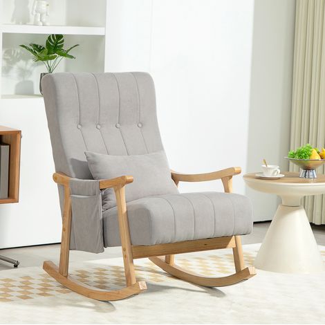 Sedia a dondolo 65x90x98 cm grigia in poliestere con cuscino lombare e tasche laterali (1/4)