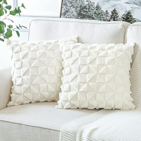 SHINING HOUSE Set mit 2 dekorativen kurzen Kissenbezügen aus Wolle, weicher Plüsch, luxuriöser Bohemian-Stil, für Sofa, Auto, Schlafzimmer (Cremebeige - 45 x 45 cm) (1/4)