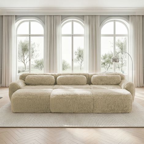 Canapé modulaire 3 places beige clair, sofa-lit sans armature en tissu peluche doux, ensemble avec 3 poufs pour salon confortable (1/4)