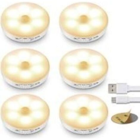 Lot de 6 lampes LED avec détecteur de mouvement, lumières LED à batterie rechargeable, éclairage intérieur avec bande magnétique adhésive pour éclairage armoire, escalier, cuisine, garage, etc [Classe (1/5)