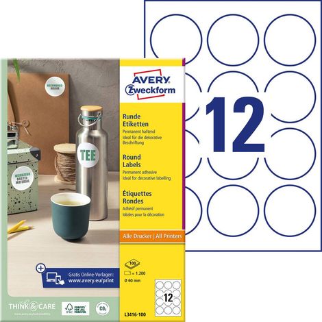 Avery-Zweckform L3416-100 Etichetta universale Ø 60 mm Carta Bianco 1200 pz. A tenuta permanente Stampante a getto d'in (1/5)