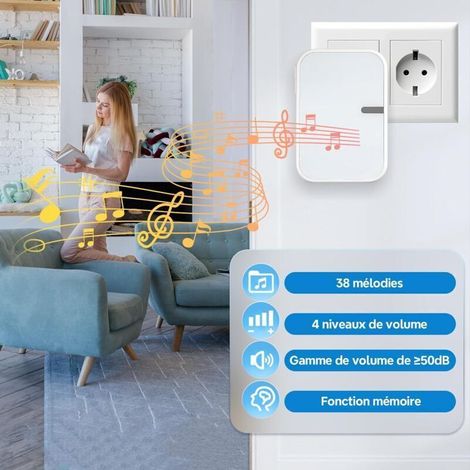 Sonnette sans fil Etanche IP44 pour Extérieur Intérieur Sonnette sans fil sans pile, 38 Mélodies et 4 Niveaux, 1 Émetteur 2 Récepteurs Portée 150M (1/3)