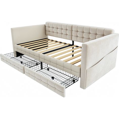 Lit rembourré 90x190 cm en velours beige avec tiroirs et poches latérales (1/5)