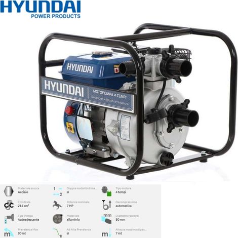 Motopompa/Pompa autoadescante 80m mandata unica 50mm (2 / 2 inch) doppia mandata 2x 38mm (1,5 / 1,5 Inch) Hyundai - 35605