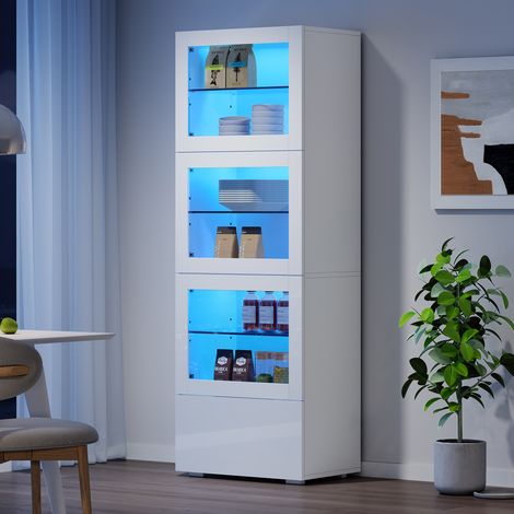 Vitrine brillante 60x40 x 173 cm - Avec éclairage LED - 3 portes et 1 tiroir - Étagères réglables - Blanc (1/5)