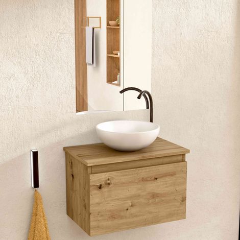 BELLOBATH – Hängender Badezimmerschrank mit rundem Keramikwaschbecken und Spiegel, Badezimmerschrank mit Waschbecken und 1 Schublade, 49,5 x 32 x 30 cm, Eiche