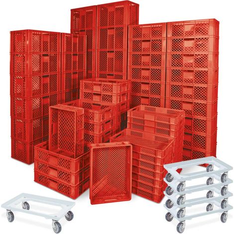 BRB 78 Stück Stapelkörbe/Bäckerkästen in 5 Größen, Grundmaß LxB 600x400 mm, H 90 mm, 150 mm, 240 mm, 320 mm, 410 mm, + 5x Transportroller weiß (rot)