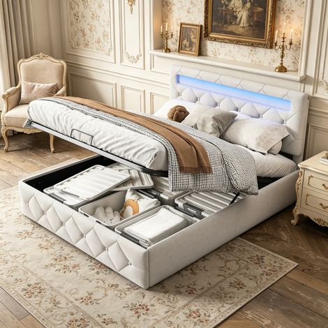 Lit Double Coffre 160x200 cm, Éclairage LED Multicolore, Rangement Hydraulique, Tête de Lit Réglable pour Matelas 25-30cm (1/5)