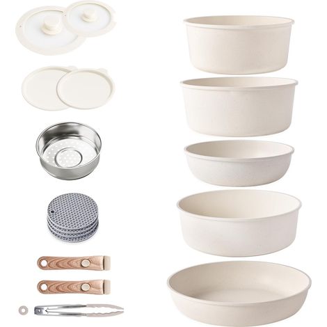Induction Cookware with Detachable Handles, Stackable Non-Stick Granite Pan and Saucepan Sets with Lids, Space-Saving Frying Pan PFOA-Free (1/5)