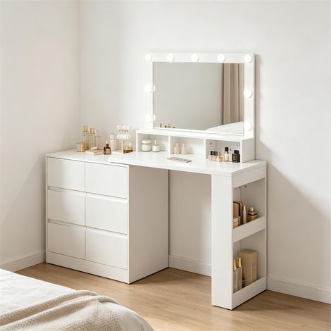 Coiffeuse Moderne avec Miroir LED Rectangulaire - 40x90x134.5 cm - Table de Maquillage Ajustable L 6 Tiroirs Étagères - Blanche (1/5)