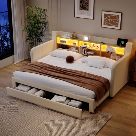 Lit banquette extensible 90 x 200 cm avec tiroirs et LED, couchage d’appoint en velours, sans matelas - Beige (1/5)