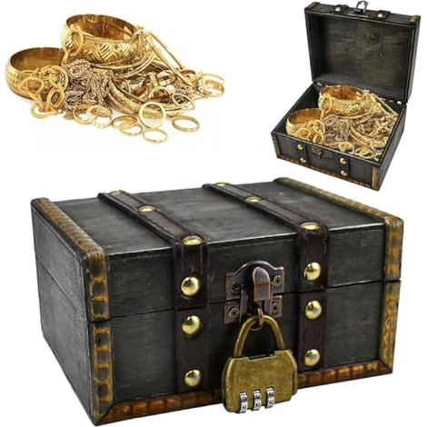 Vintage Wooden Treasure Chest - Pirate Treasure Chest with Padlock - Small Wooden Storage Chest for Storage and Decoration, 14.5 x 12 x 8 cm (1/5)