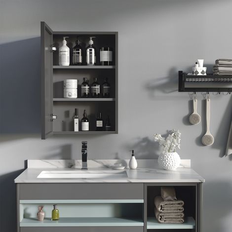 Mobiletto con specchio, 3 ripiani, cerniere morbide, struttura in acciaio, nero, 40 x 15 x 60 cm