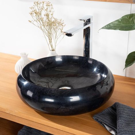 Wanda Collection – Vasque à poser en marbre noir Venise 40cm – Ronde polie – Pour salle de bain moderne – Perçage aux normes européennes