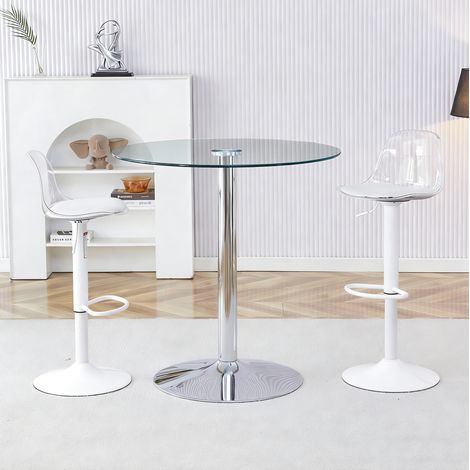 Ensemble Table de Bar et 2 Tabourets de Bar, Plateau en Verre Transparent, Base Métal Argent, Verre (1/5)