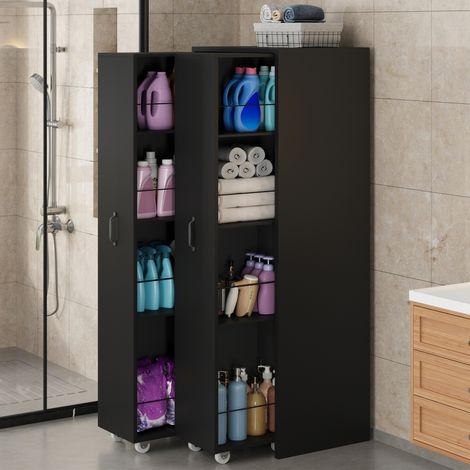 Librería extensible con ruedas, 51,5 x 41 x 158 cm, 4 estantes, módulos reversibles, MDF negro, almacenamiento (1/5)