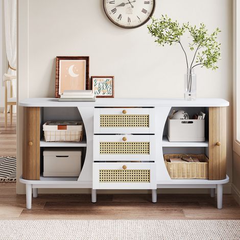 Buffet bas cannage, Commode en rotin et meuble de rangement pour salon salle à manger, avec 3 tiroirs et 2 portes L140.5 cm, Blanc (1/5)