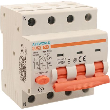 RCBO Interruttore Magnetotermico Differenziale Tipo A Curva C 3P+N 4M 6000A 300mA AC 400V IP20 IEC61009-1 PL8M4, Corrente Disponibili 10A 16A 20A 25A 32A 40A (C40A)