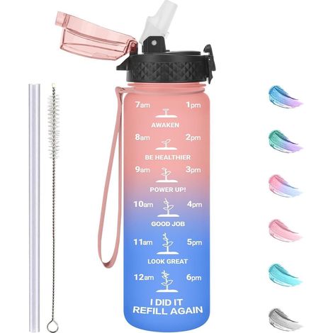 Kinder Trinkflasche 500ml mit Strohhalm, Zeitmarkierungen, BPA-frei, auslaufsicher, Rosa/Blau (1/5)