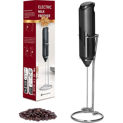 Mousseur à lait électrique, portable, à piles, en acier inoxydable, avec support, pour café, latte, matcha, chocolat chaud, noir. (1/5)