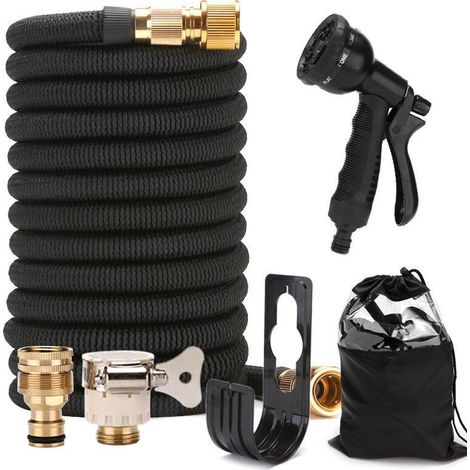 50FT Tuyau Arrosage Extensible Haute Pression avec 8 Fonctions Pistolet pour Nettoyage 15m Noir (1/4)