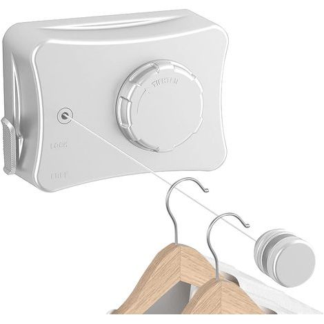 Corde à linge extensible - 5,1 m - Extensible - Montage mural - Avec corde en acier inoxydable - Poids de stockage : 20 kg - Empêche l'affaissement (blanc) (1/5)
