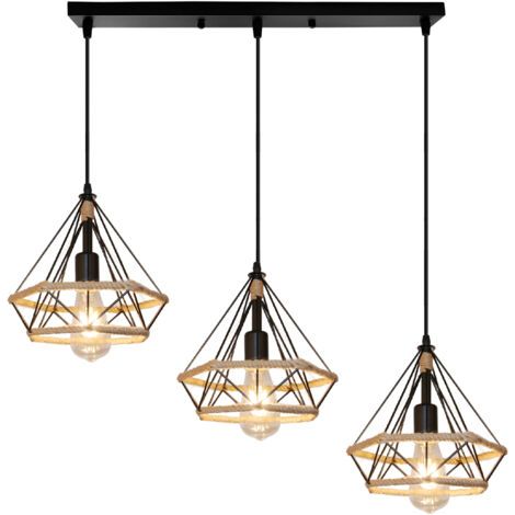 royaluxe- Lustre Rétro À 3 Lumières Plafonnier Diamant Suspension Luminaire En Corde De Chanvre Noire Pour Bureau, Couloir, Restaurant, Loft, Bar, Café, 25CM