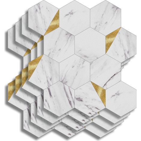 Crédence Adhésive Cuisine, Salle de Bain, Hexa, Marbre/Or, 4 Pièces, 25 x 23,2 cm, Crédence Épaisse, 3D, Carrelage Adhésif Mural, Lavable, Imperméable (1/5)
