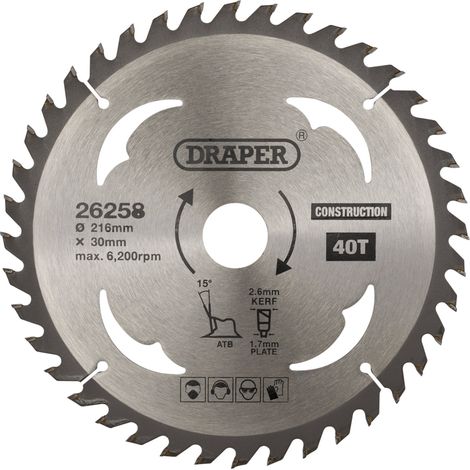 Draper TCT Construction Circular Saw Blade – 216mm Diameter, 30mm Arbor, 40 Teeth, Model 26258