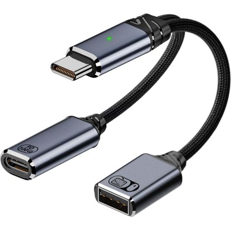 USB-C OTG 2-in-1, Typ C auf USB A 2.0 und PD-Anschluss 100W, 65W und 45W Schnellladung, Dual-Kabel-Splitter-Ladegerät für Handys, Computer, Tablets, PCs, Fernseher, Drucker, Spielekonsolen (Grau) (1/5)