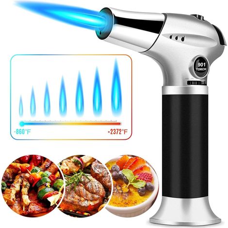 Chalumeau de cuisine professionnel avec verrouillage de sécurité, Renfox Mini chalumeau rechargeable à flamme réglable, pour bricolage, loisirs créatifs, cuisson, barbecue, crème brûlée (1/5)
