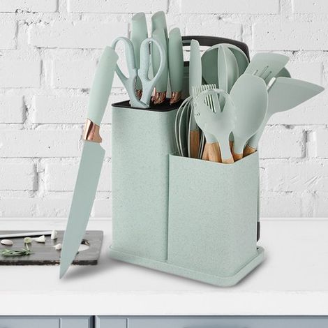 Set completo di 19 utensili da cucina: 14 coltelli ausiliari + 5 coltelli essenziali per un'esperienza culinaria completa (Verde chiaro) (1/5)